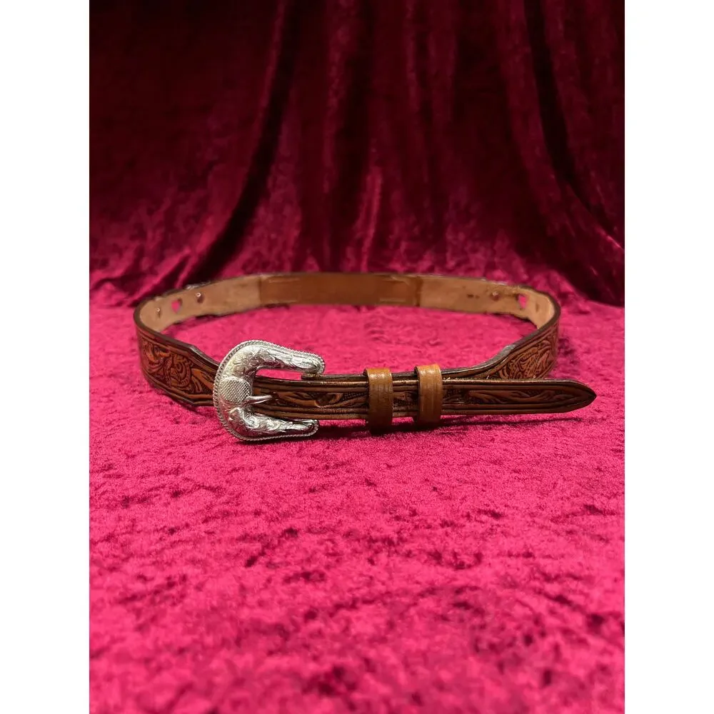 Vintage Nocona Leather Belt Tooled Heart Cutout Silver Concho Belt USA 34-37.75